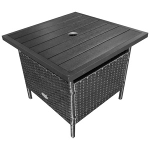 Patio Square Wicker Side Table with Umbrella Hole for Yard-Black