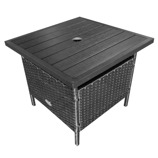 Patio Square Wicker Side Table with Umbrella Hole for Yard-Black