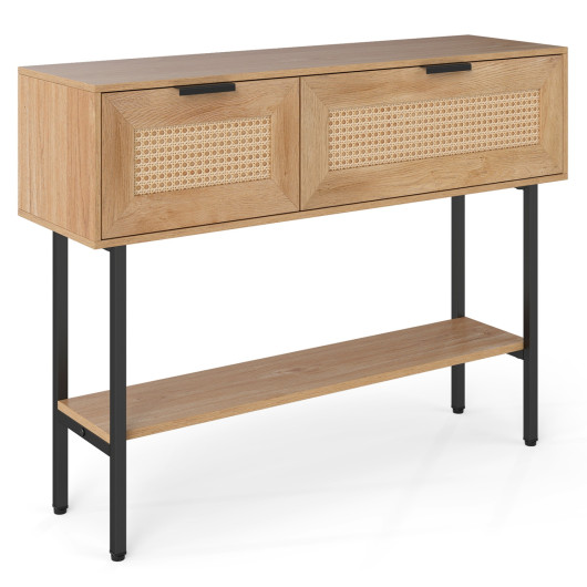 Rattan Console Table with 2 Storage Cabinets Shelf Carbon Steel Frame-Natural