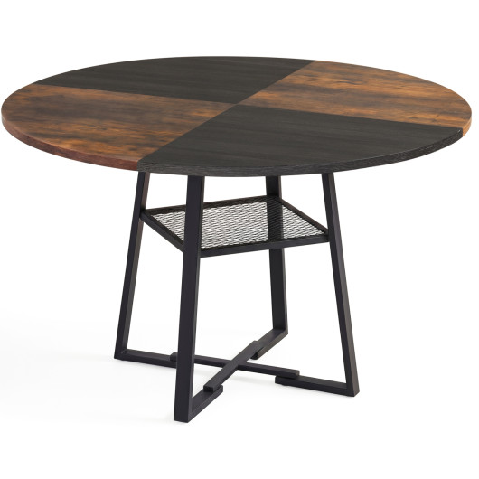Round Dining Table for 4-6 with Storage Shelf and Metal Legs-Rustic Brown