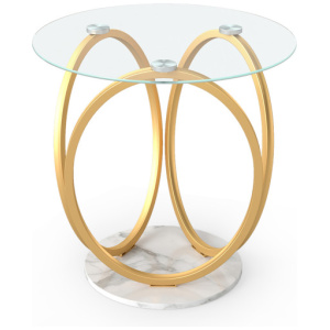 Round End Table Faux Marble Side Table with Tempered Glass Tabletop-Gold