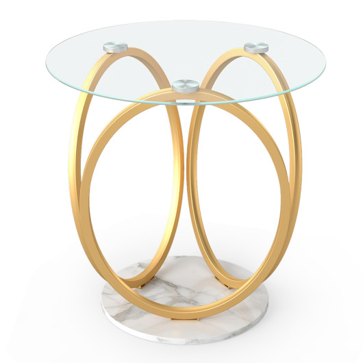 Round End Table Faux Marble Side Table with Tempered Glass Tabletop-Gold