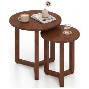 Round Nesting Coffee Table Set of 2 Wood Nesting End Tables with Thickened Top-Walnut