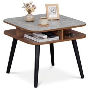 Side Table Faux Marble End Table with Storage Shelves and Rubber Wood Legs-Walnut