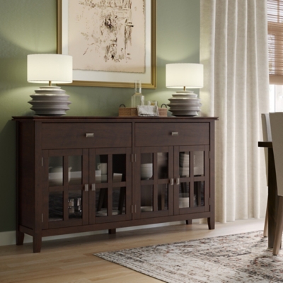 Simpli Home Artisan 4 Door Sideboard Buffet, Dark Chestnut Brown