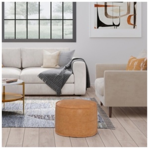 Simpli Home Brody Round Pouf, Distressed Brown