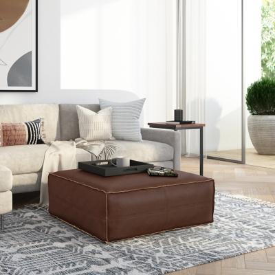 Simpli Home Brody Square Distressed Faux Leather Ottoman, Distressed Dark Brown