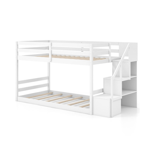 Twin Over Twin Low Bunk Bed with Storage Stairs Solid Wood Floor Bunk Bed Frame-White