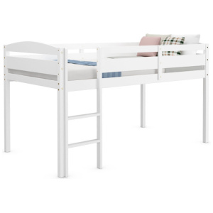 Wooden Twin Low Loft Bunk Bed with Guard Rail and Ladder-White