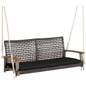 2-Person Rattan Hanging Porch Swing Chair-Black
