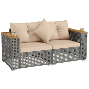 2-Piece Patio Corner Sofa Set with Thick Cushions-Beige