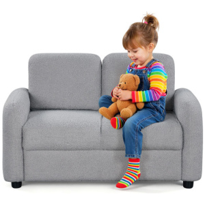 2-Seat Kids Sofa Toddler Sofa Couch with Soft Teddy Fleece Upholstery and Solid Wooden Frame-Gray