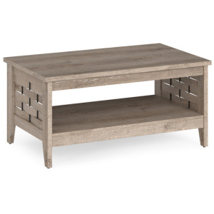 2-Tier Farmhouse Coffee Table with Open Shelf and Woven Decorations for Living Room-Oak