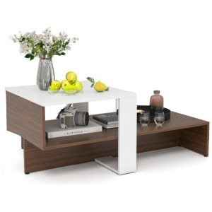 2-Tier Geometric Coffee Table with Storage Shelves for Living Room and Reception Room-White and Brown