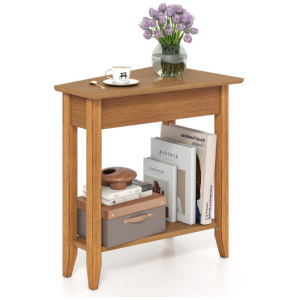 2-Tier Wedge Narrow End Table with Storage Shelf and Solid Wood Legs-Walnut