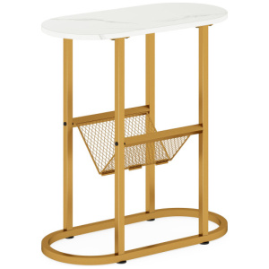 2-tier Industrial Oval Side Table with Mesh Shelf-White