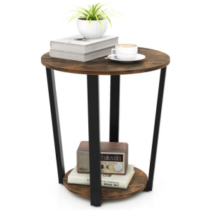 2-tier Round End Table with Storage Shelf and Metal Frame-Brown
