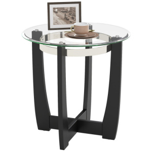 24 Inches Round Side Table with Tempered Glass Top and Solid Rubber Wood Base-Black