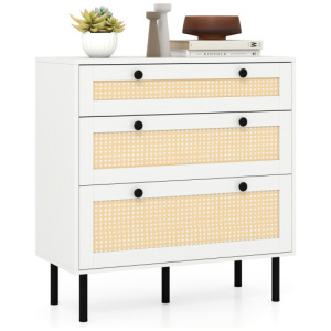 3-Drawer Rattan Nightstand Boho Chest of Drawers for Bedroom-White