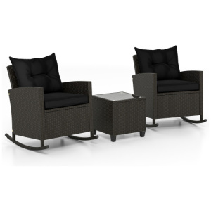 3-Piece Patio Rattan Roker Chairs with Tempered Glass Table and Soft Cushions-Black
