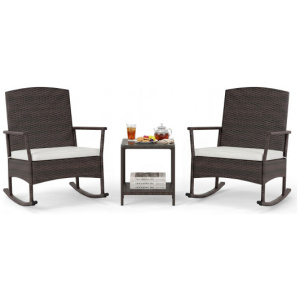 3 Piece Patio Rocking Set Wicker Rocking Chairs with 2-Tier Coffee Table-Off White
