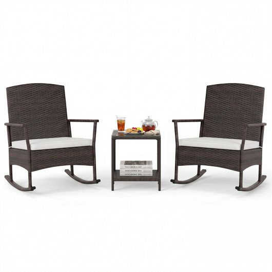 3 Piece Patio Rocking Set Wicker Rocking Chairs with 2-Tier Coffee Table-Off White