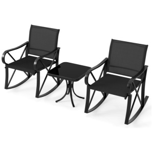 3 Piece Patio Rocking Set with Smooth Rocking Motion Outdoor Rocker Chair Bistro Set-Black