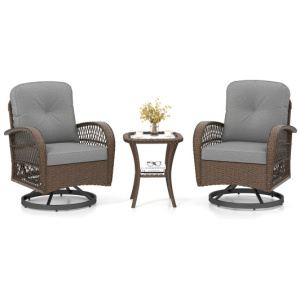 3 Piece Patio Swivel Rocker Set with Tempered Glass Side Table and Thick Cushions-Gray