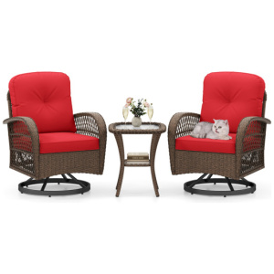 3 Piece Patio Swivel Rocker Set with Tempered Glass Side Table and Thick Cushions-Red