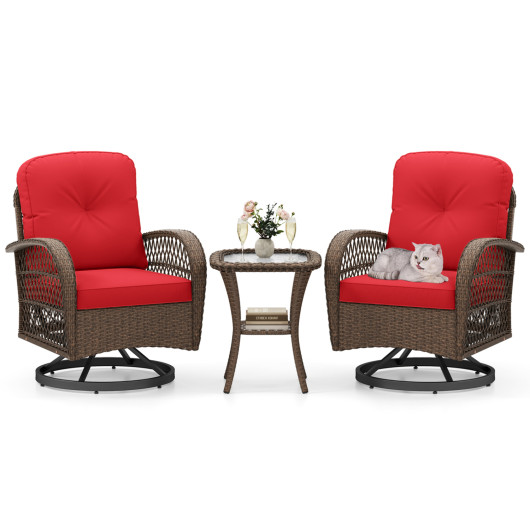 3 Piece Patio Swivel Rocker Set with Tempered Glass Side Table and Thick Cushions-Red
