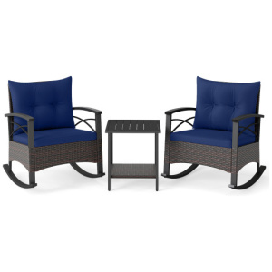 3 Piece Rocking Bistro Set PE Rattan Rocker Chairs with Acacia Wood Top Table-Navy