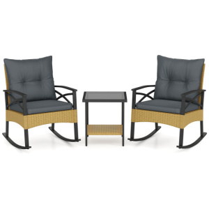 3 Pieces Outdoor Rattan Rocking Chairs Set with 2-Tier Side Table for Garden Backyard-Gray