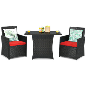 3 Pieces Patio Rattan Furniture Set with Cushion and Sofa Armrest-Red