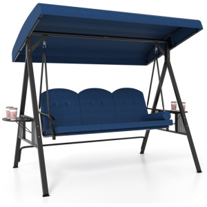 3-Seat Patio Swing Chair Porch Swing with Adjustable Canopy Thickened Cushions Pillow and Foldable Side Trays-Navy