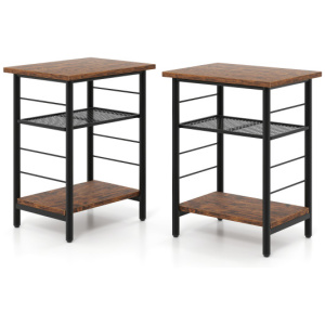 3-Tier End Table Set of 2 Side Table with Storage Shelves Metal Frame-Rustic Brown