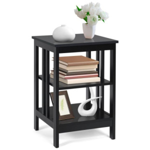 3-Tier Nightstand Sofa Side Table with Baffles and Round Corners-Black