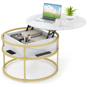 31.5 Inch Round Lift Top Coffee Table with Hidden Compartment and Side Shelves-White