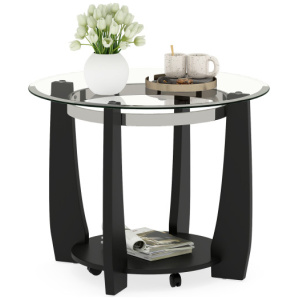 32" 2-Tier Glass Round Coffee Table with Storage Shelf-Black
