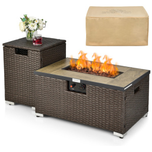 32 x 20 Inch Propane Rattan Fire Pit Table Set with Side Table Tank and Cover-Brown