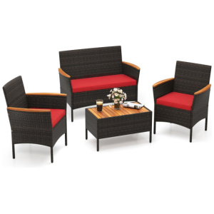 4 Piece Patio Wicker Sofa Set 2 Rattan Chairs and Loveseat with Table-Red