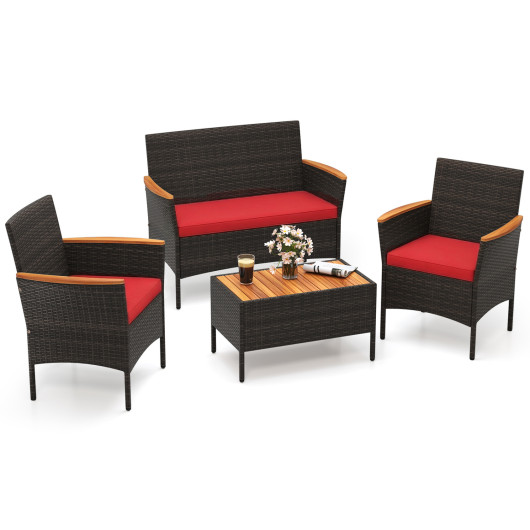 4 Piece Patio Wicker Sofa Set 2 Rattan Chairs and Loveseat with Table-Red
