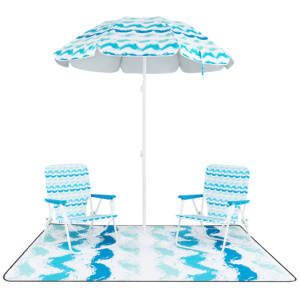 4 Pieces Beach Umbrella Set with 2 Foldable Chairs and Picnic Blanket-Blue