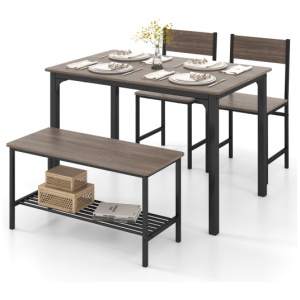 4 Pieces Rustic Dining Table Set with 2 Chairs and Bench-Gray