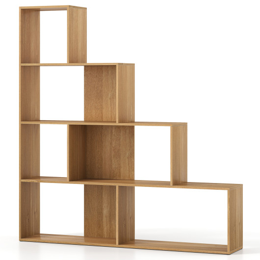 4-Tier Bookshelf Stair Bookcase with 6 Cubes Display Rack-Natural