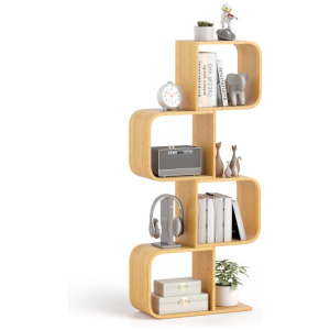 4-Tier S-Shaped Bamboo Bookcase with 4 Open Cubes for Living Room-Natural