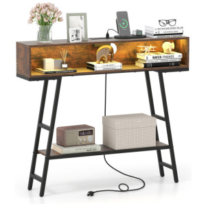 40" Console Table with Charging Station and LED Lights-Rustic Brown
