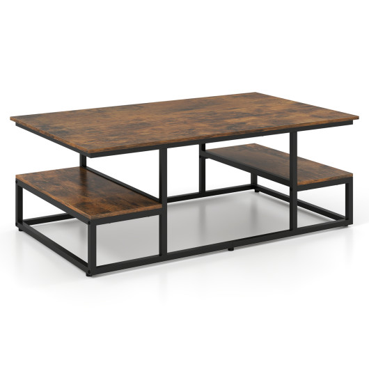 43" Rectangle Coffee Table with Storage and Open Shelves-Rusticbrown