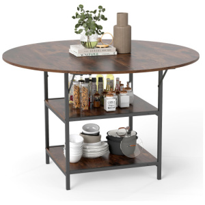 47 Inch Round Dining Table for 4-6 People Large Kitchen Table with 2-Tier Storage Shelves-Rustic Brown