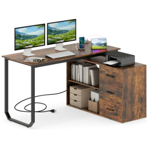 55 Inch Reversible L Shaped Desk with 3 Drawers Home Office Desk with Adjustable Shelf-Rustic Brown