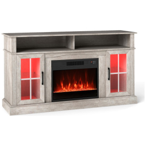 58 Inch Fireplace TV Stand with LED Lights with Storage Cabinets and Glass Doors-Gray